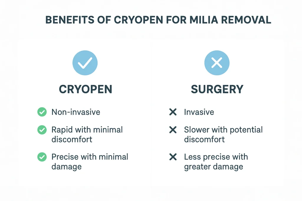 Benefits of cryopen for milia removal Watford compared to surgical treatments.
