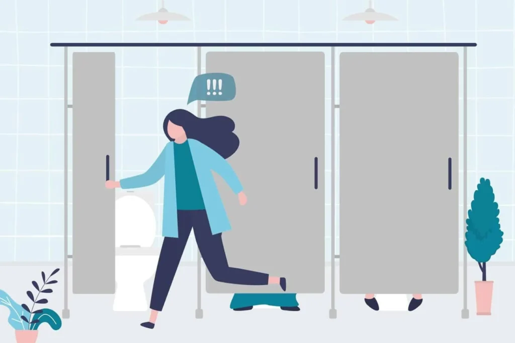 graphic of Urine incontinence Watford woman running to the toilet.