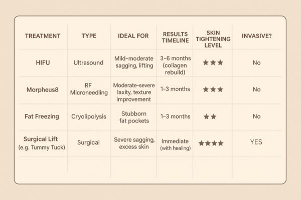 Table showing the comparisons of Skin tightening Watford treatment options.
